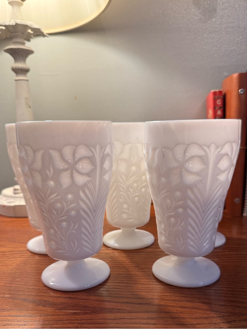 Set of 8 Vintage White Milk Glass Pedestal Goblets